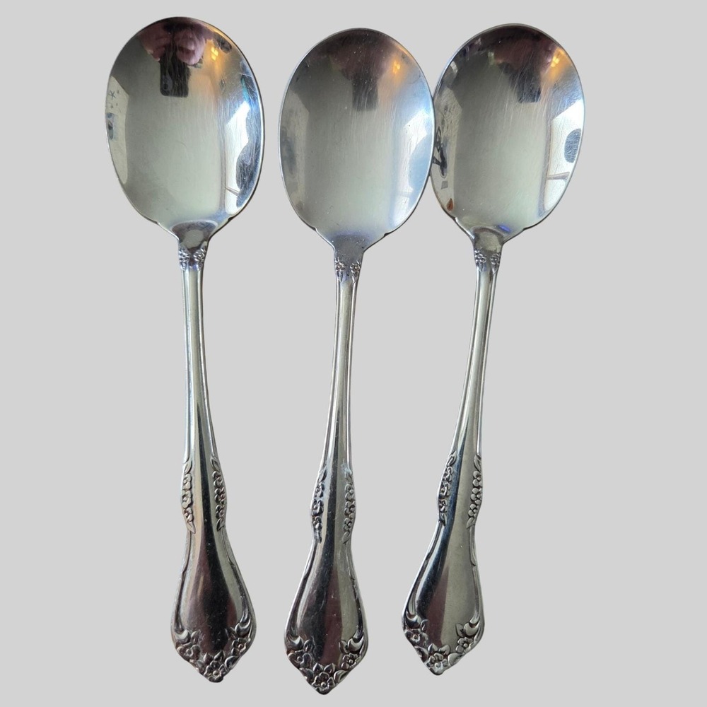 Oneida Mansfield Stainless Teaspoons Set of 3 Floral Glossy Wm A Rogers 6in VTG